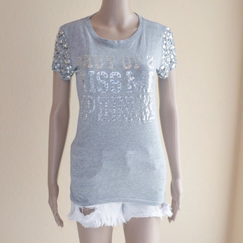 VS Pink "Shut Up & Kiss Me Pink" Bling Gray Tee - Picture 1 of 7